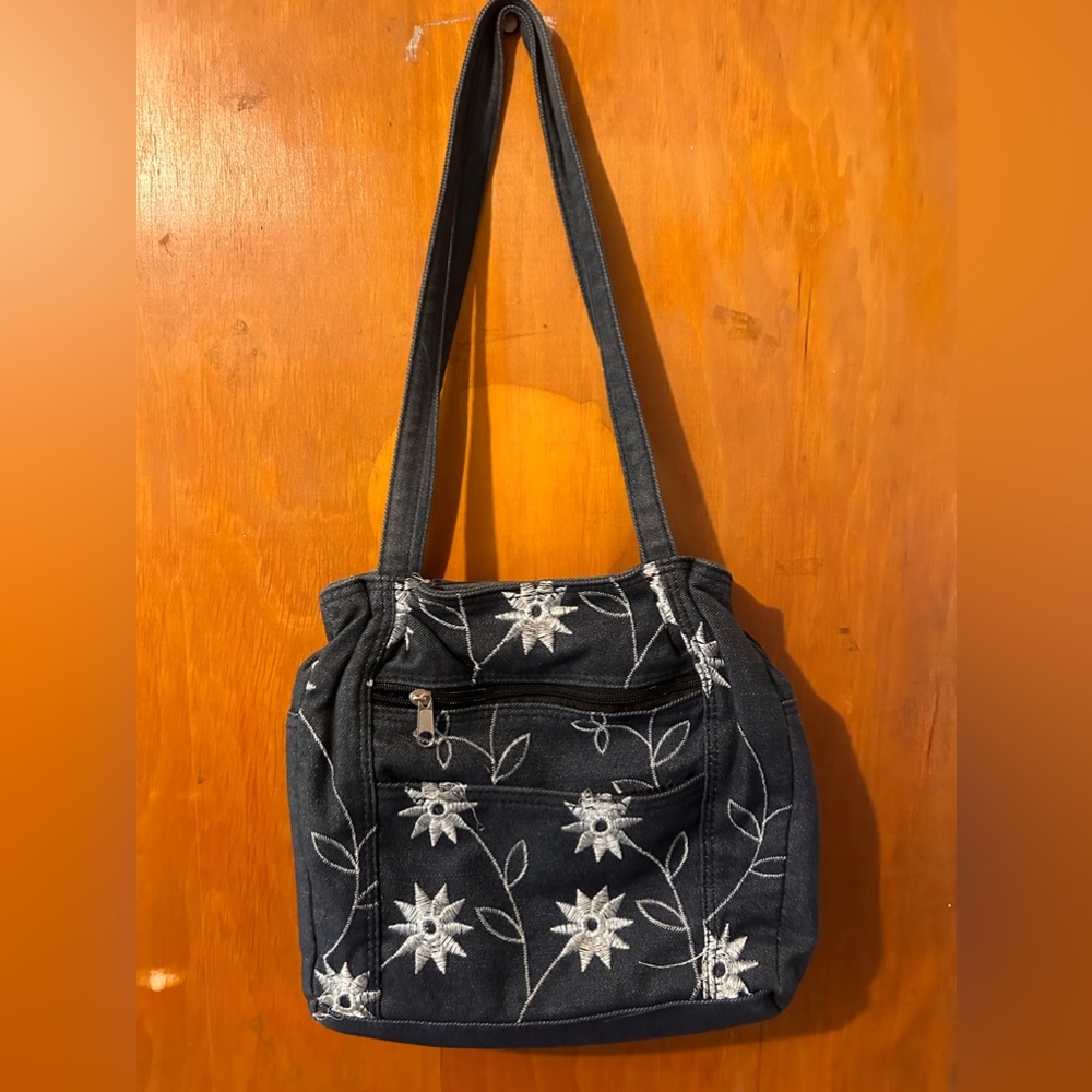 Y2K Style Denim Floral Embroidered Bag